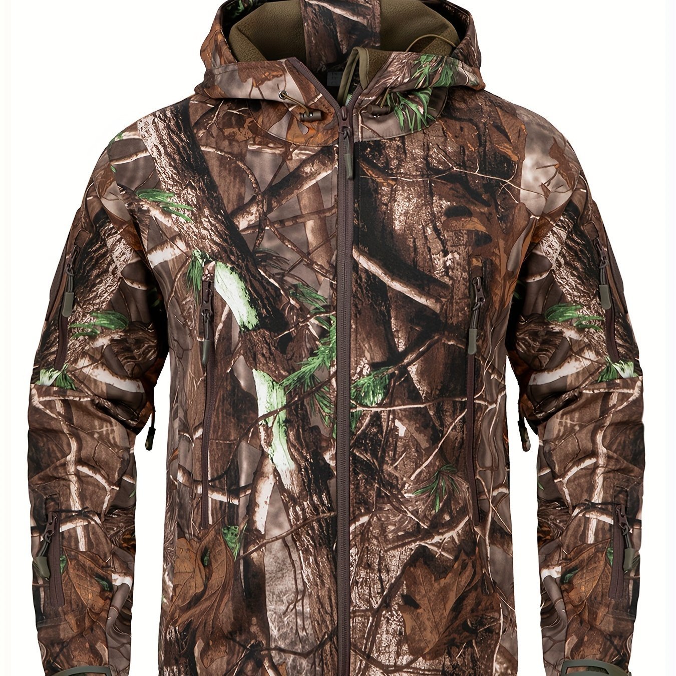 1pc Men'S Tactical Camouflage Hunting Jacket - Water - Resistant, Warm Fleece - Lined, Soft Shell Outdoor Hoodie Coat with Pockets, Zippered, Regular Fit, Polyester & Spandex, Winter Sports Gear - Tactinest.com