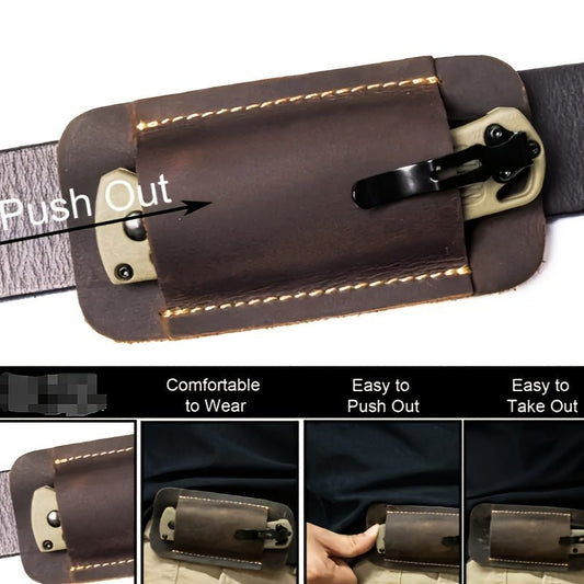 1pc Men's Tactical EDC Fanny Pack with PU Leather Folding Knife Sheath, Push - Out Design Belt Pouch for Pocket Knife, Non - Waterproof Faux Fur Material, Easy Carry Protective Storage Case - Tactinest.com