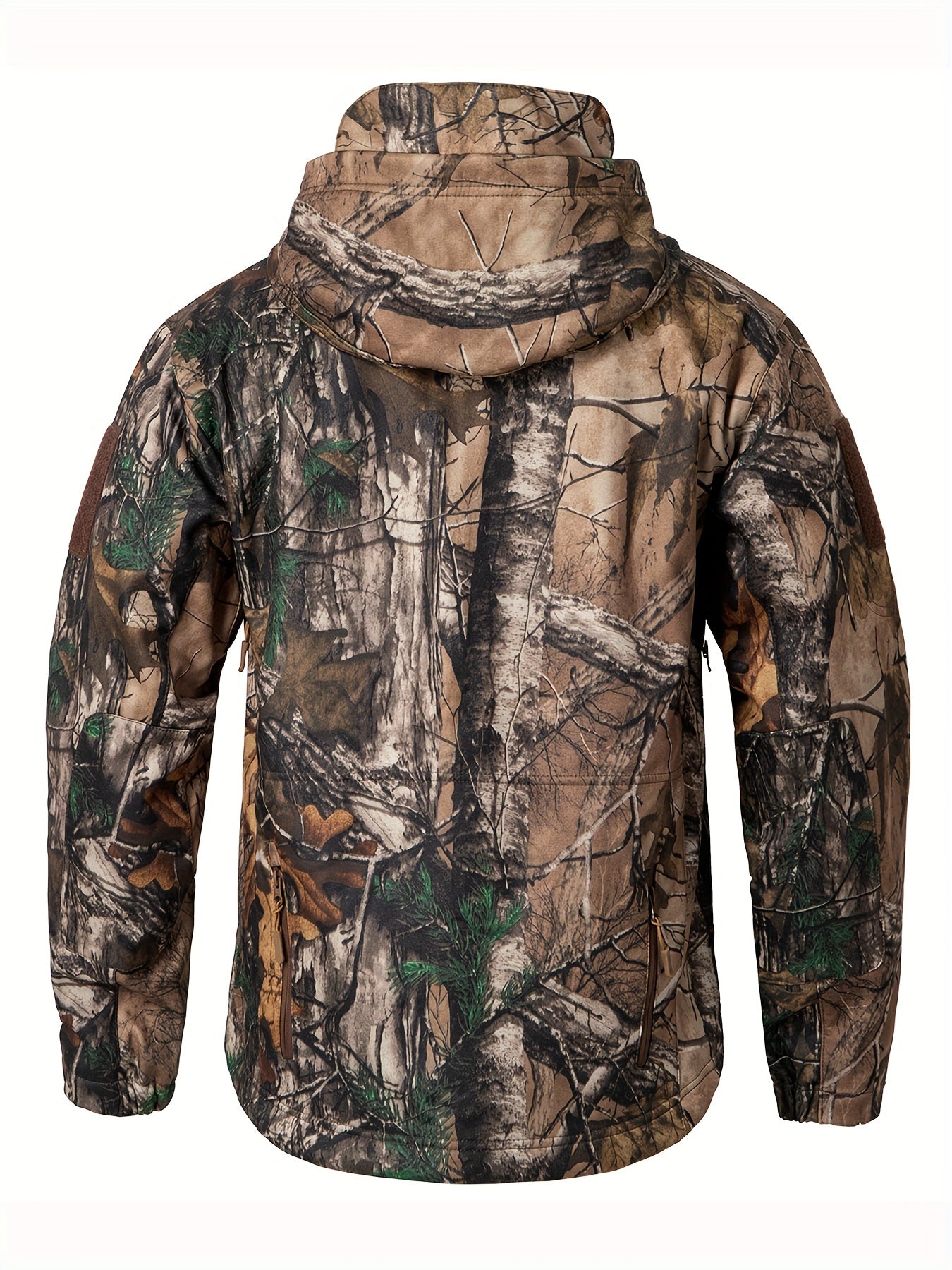 1pc Men'S Tactical Camouflage Hunting Jacket - Water-Resistant, Warm Fleece-Lined, Soft Shell Outdoor Hoodie Coat with Pockets, Zippered, Regular Fit, Polyester & Spandex, Winter Sports Gear