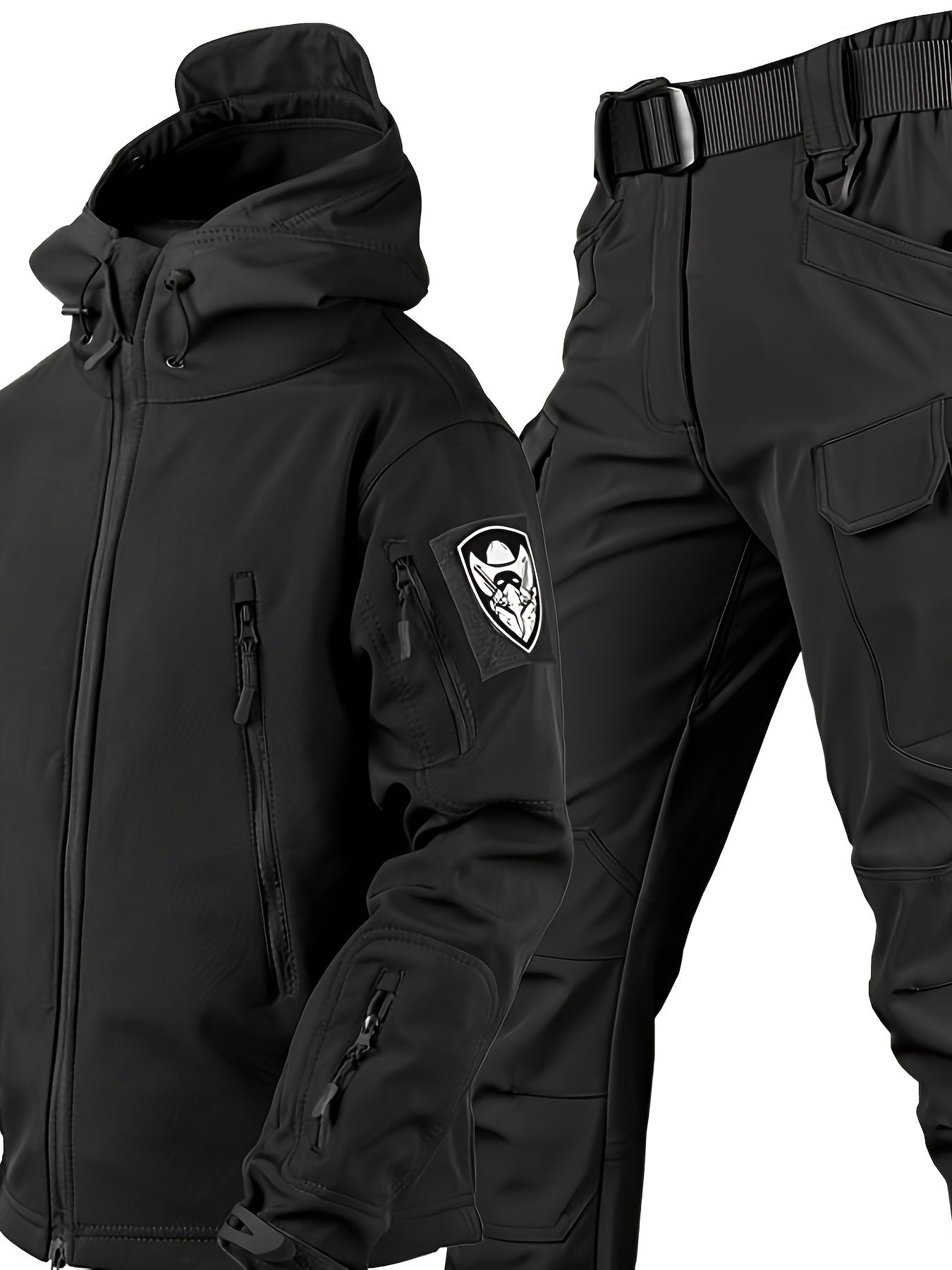 Men's Tactical Fleece Hooded Jacket & Pant Set - Windproof & Warm Winter Gear, Multi-Pocket Outdoor Casual Wear, Non-Stretch Fabric, Solid Color, Machine Washable - Perfect For Autumn And Winter