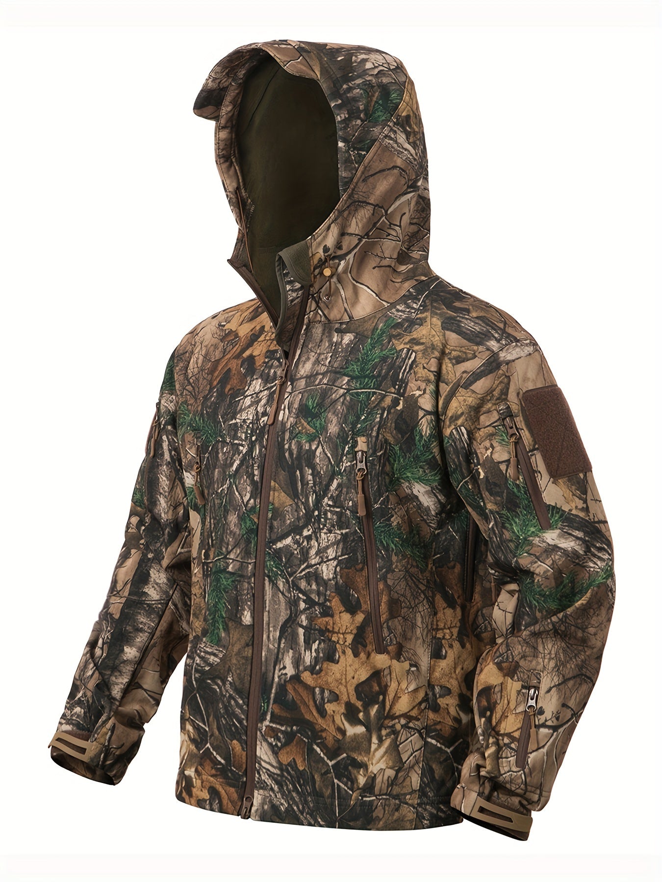 1pc Men'S Tactical Camouflage Hunting Jacket - Water-Resistant, Warm Fleece-Lined, Soft Shell Outdoor Hoodie Coat with Pockets, Zippered, Regular Fit, Polyester & Spandex, Winter Sports Gear