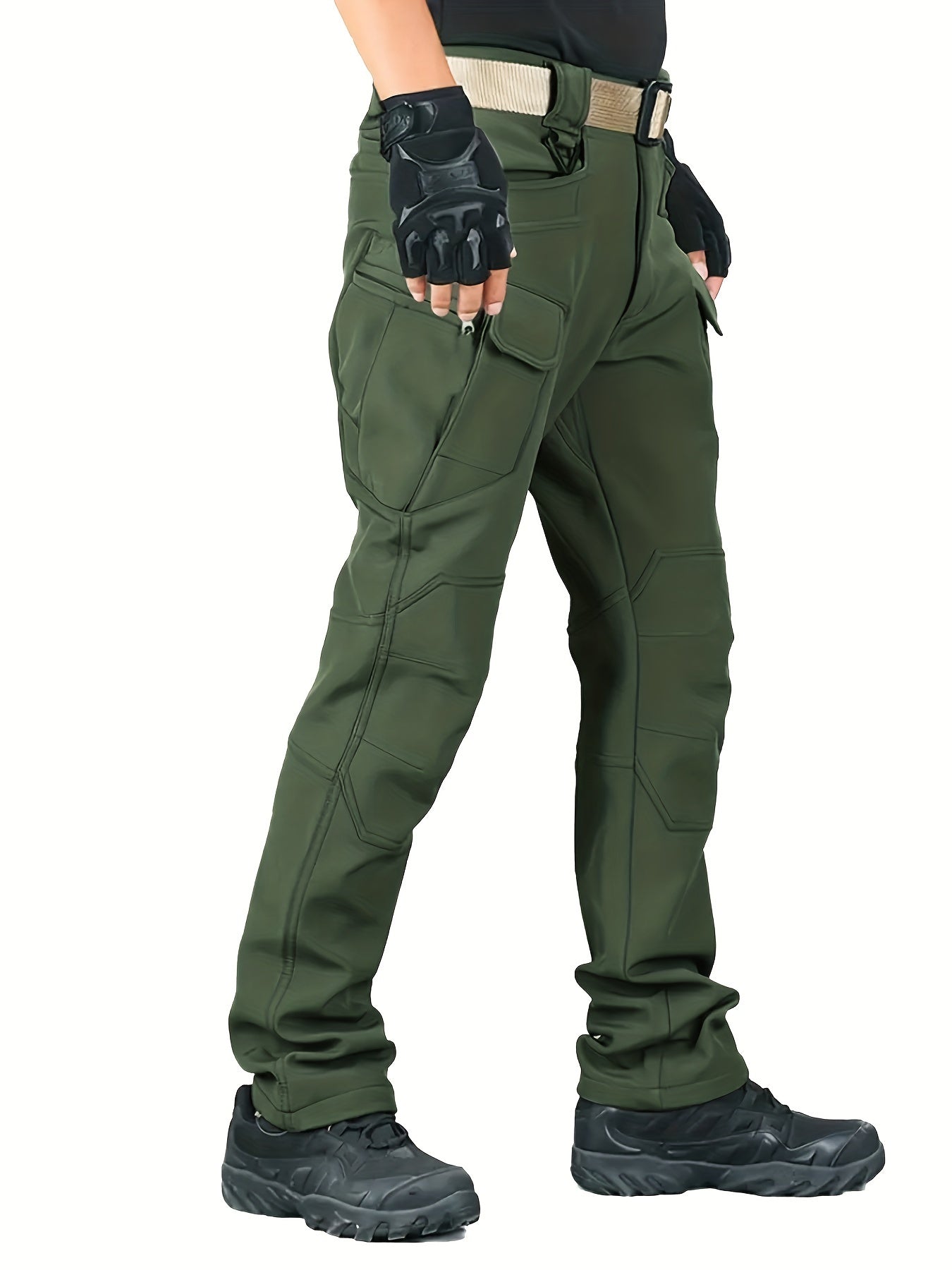 Warm Fleece-Lined Men's Tactical Pants - Polyester-Spandex Blend, Casual Style with Multiple Pockets & Adjustable Waistband for Winter Outdoor Activities