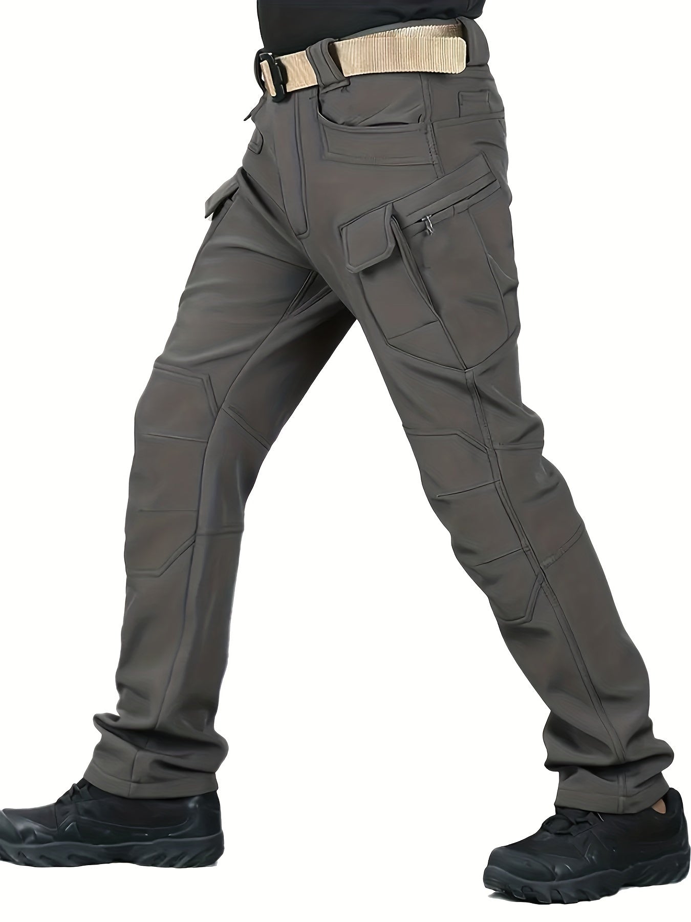 Warm Fleece-Lined Men's Tactical Pants - Polyester-Spandex Blend, Casual Style with Multiple Pockets & Adjustable Waistband for Winter Outdoor Activities