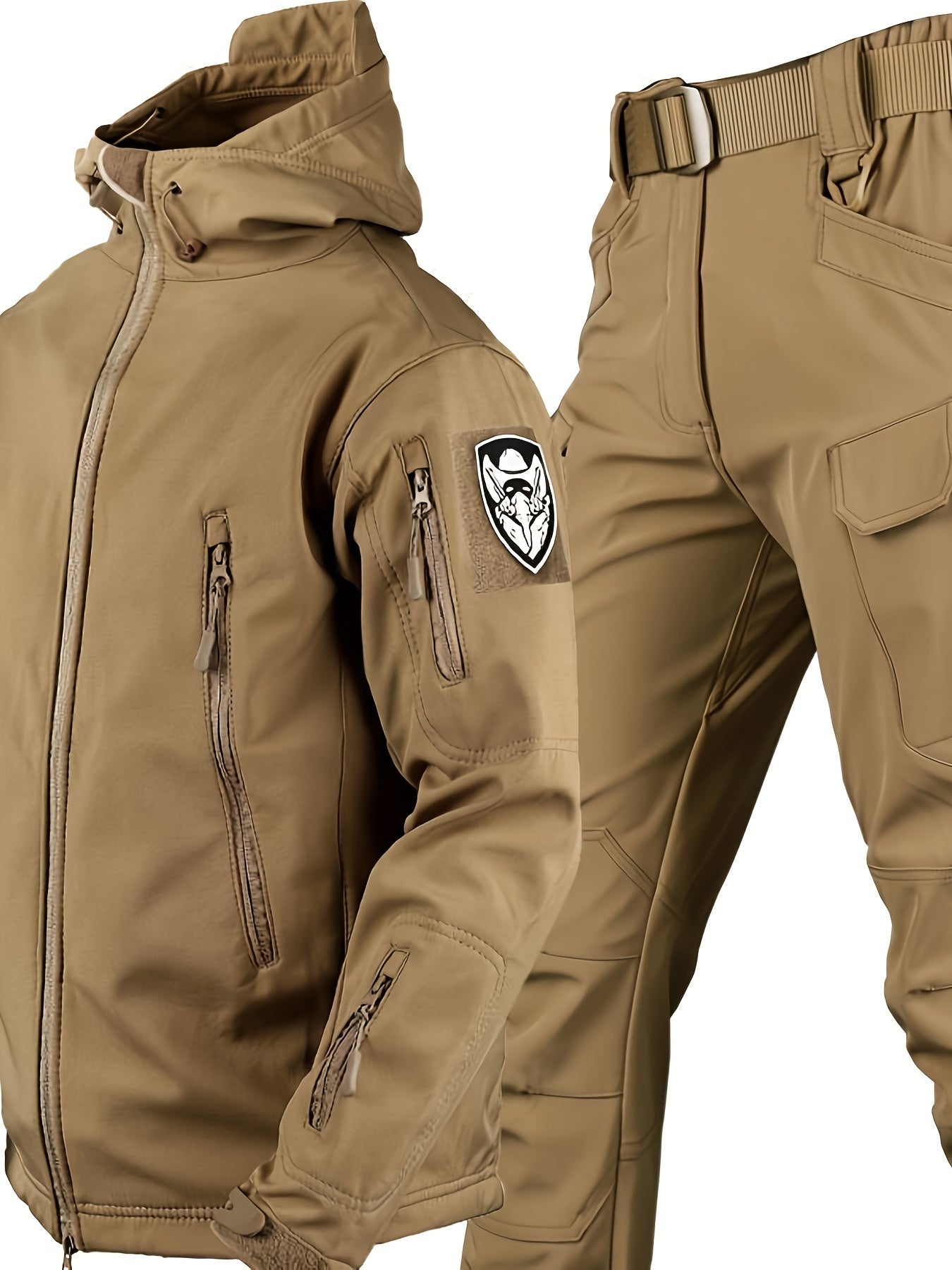 Men's Tactical Fleece Hooded Jacket & Pant Set - Windproof & Warm Winter Gear, Multi-Pocket Outdoor Casual Wear, Non-Stretch Fabric, Solid Color, Machine Washable - Perfect For Autumn And Winter