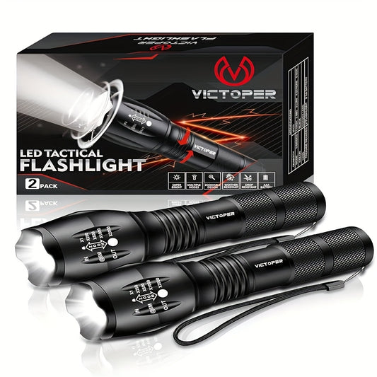 Two-piece Portable Tactical Flashlight, Battery-powered, Five Different Modes 2000 Lumens Up To 3 ½ Hours Of Battery Life, Comes With Free Batteries, Suitable For Camping, Hiking, Hunting And Outdoor Survival