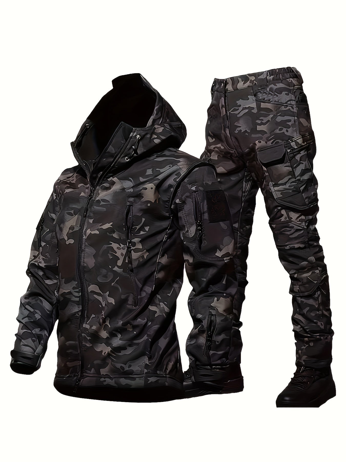 Men's Tactical Camouflage Set, Lightweight Polyester Softshell Jacket with Hood, Warm Fleece Lined Pants, Multi-Pocket Outdoor Gear for Hiking, Camping, Hunting, Running, Training, Casual Wear