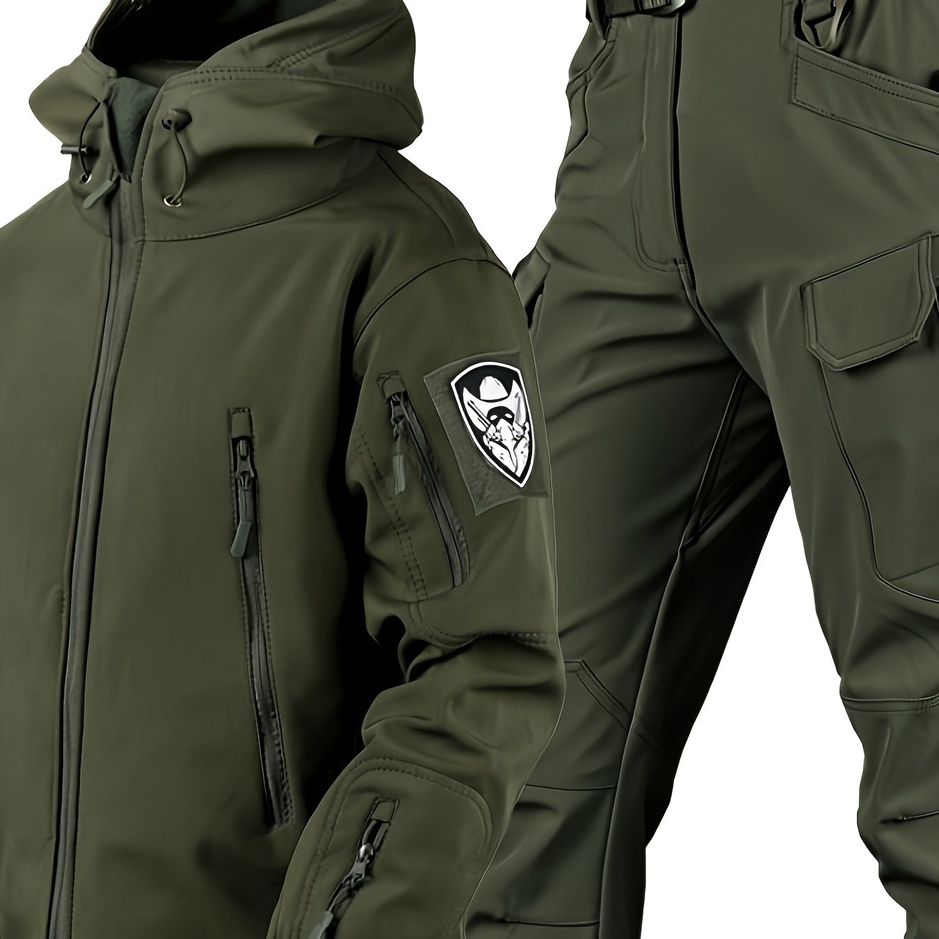 Men's Tactical Fleece Hooded Jacket & Pant Set - Windproof & Warm Winter Gear, Multi-Pocket Outdoor Casual Wear, Non-Stretch Fabric, Solid Color, Machine Washable - Perfect For Autumn And Winter