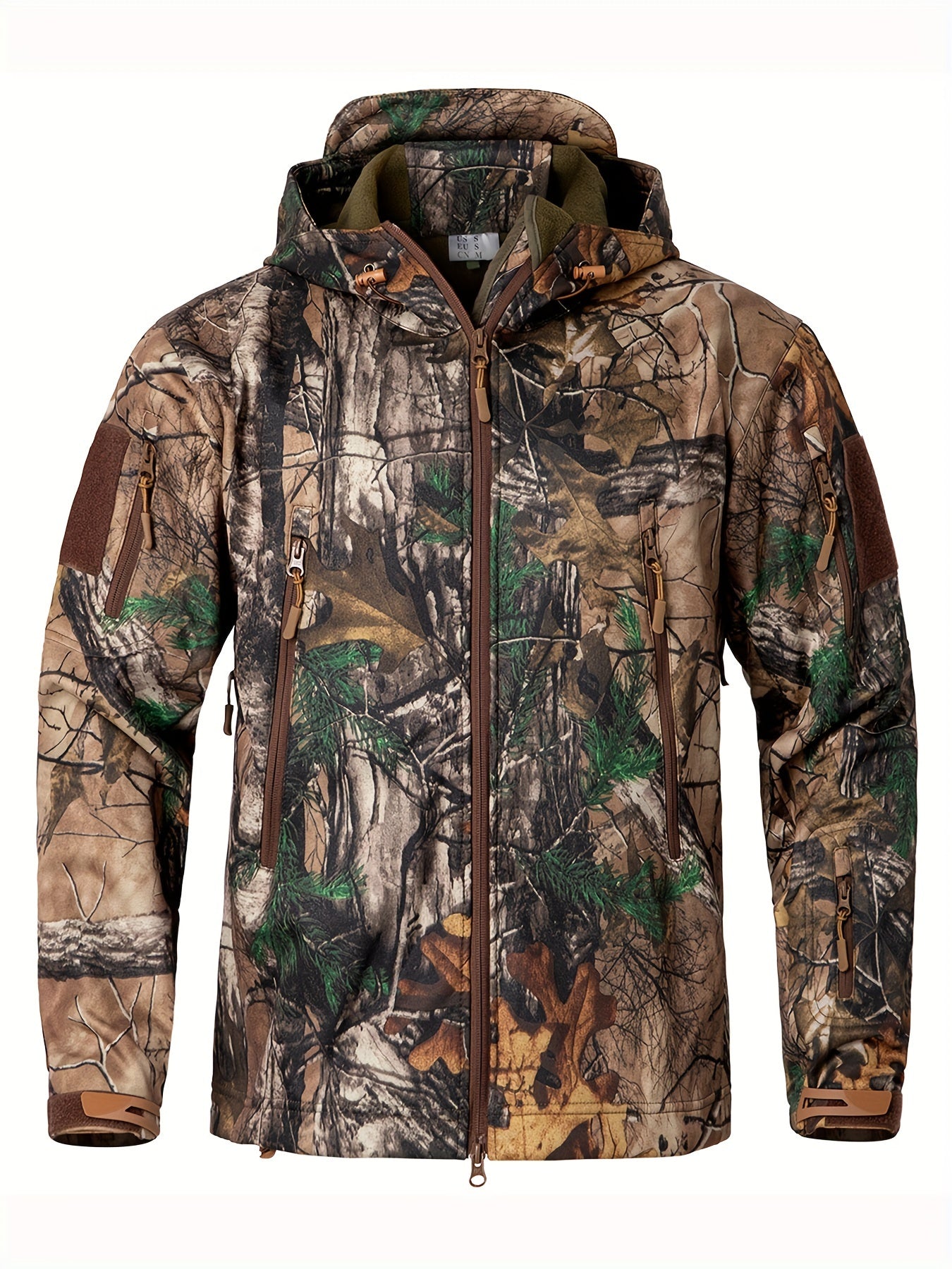 1pc Men'S Tactical Camouflage Hunting Jacket - Water-Resistant, Warm Fleece-Lined, Soft Shell Outdoor Hoodie Coat with Pockets, Zippered, Regular Fit, Polyester & Spandex, Winter Sports Gear