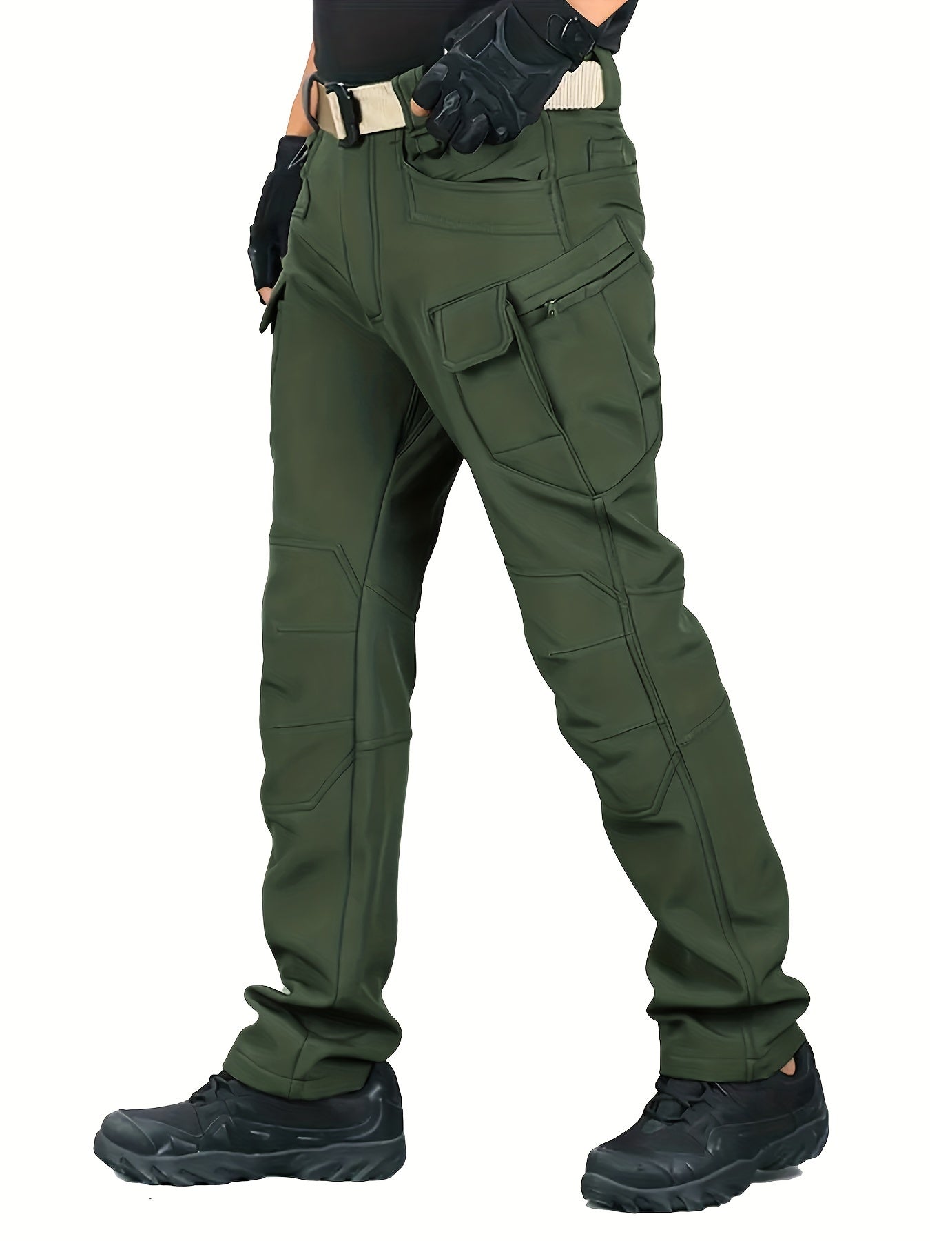 Warm Fleece-Lined Men's Tactical Pants - Polyester-Spandex Blend, Casual Style with Multiple Pockets & Adjustable Waistband for Winter Outdoor Activities