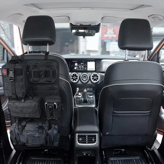 FCJ Molle Nylon Tactical Car Seat Protector with 5 Pockets Front Back Storage Organizer for All Vehicles Made of Premium Leather
