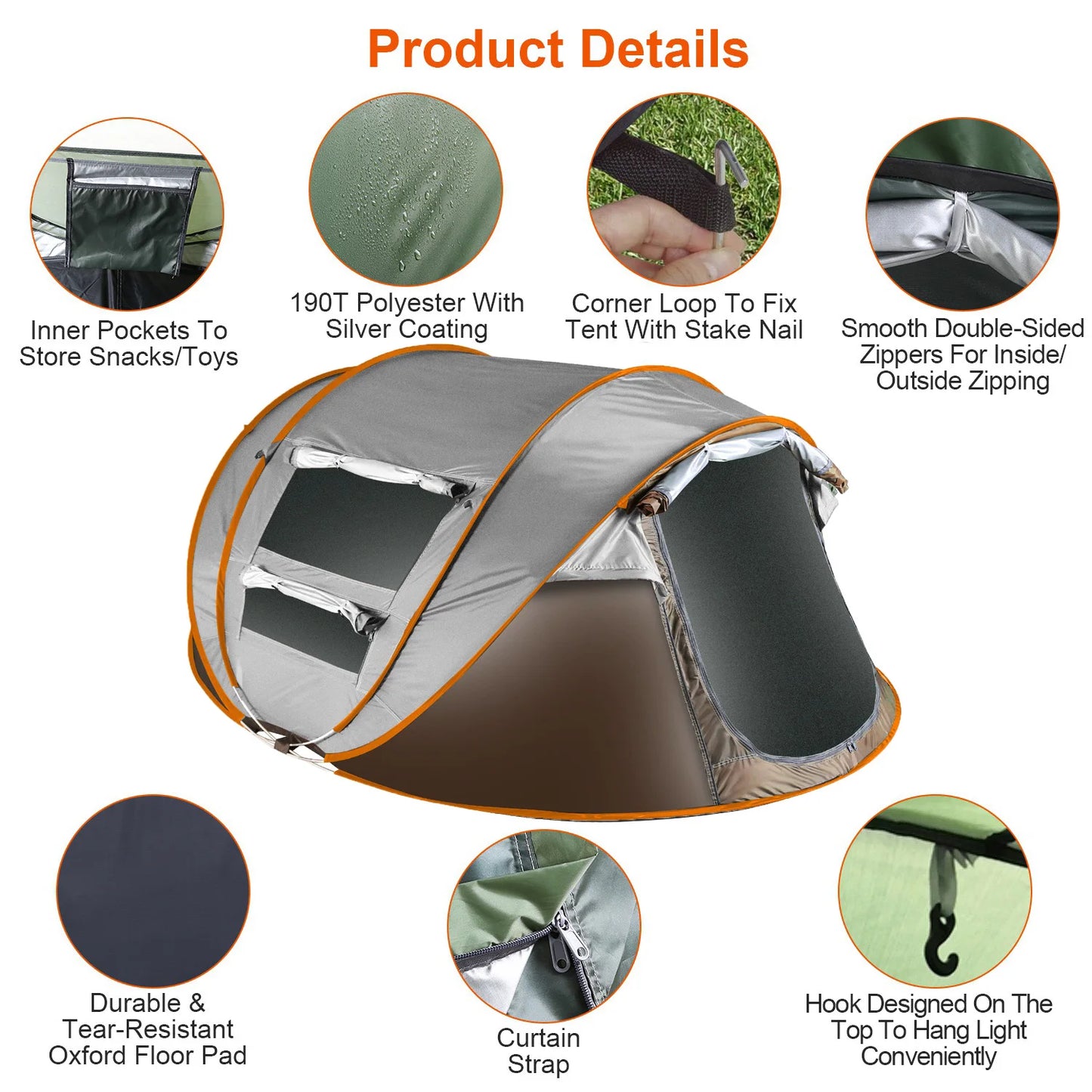 5-8 Person Pop up Tent Automatic Setup Camping Tent Waterproof Instant Setup Tent with 4 Mosquito Net Window Carrying Bag