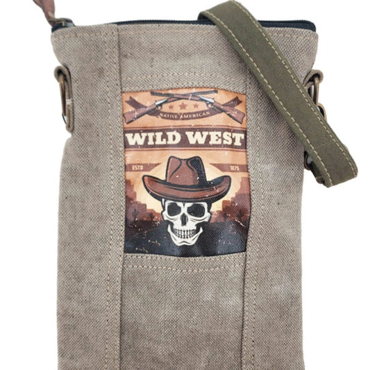 TD Small Crossbody Outdoor Bag Skull and Wild West-Themed Recycled Tent Design