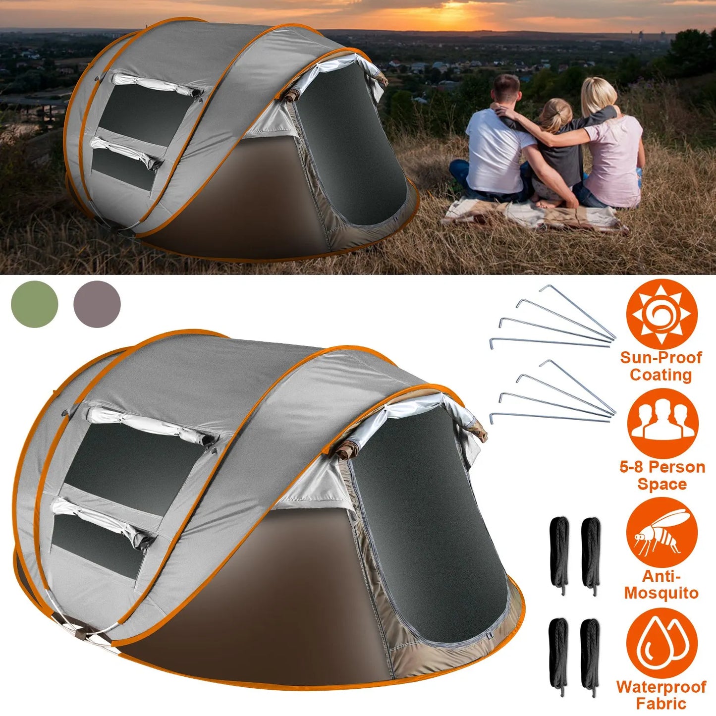 5-8 Person Pop up Tent Automatic Setup Camping Tent Waterproof Instant Setup Tent with 4 Mosquito Net Window Carrying Bag