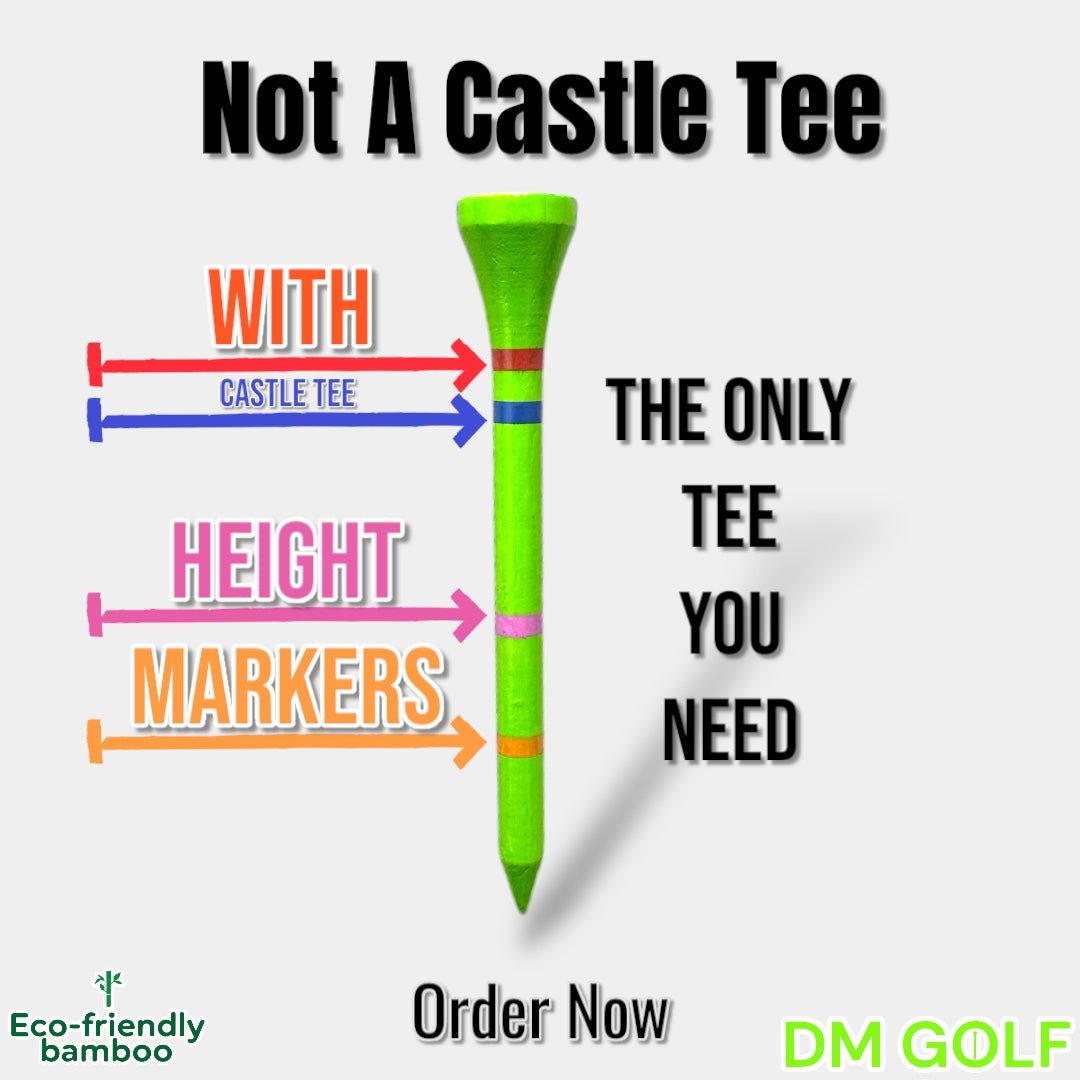 Go Green-Not A Castle Tee- Premium 70mm Bamboo Golf Tee With Orange, Pink, Blue & Red Castle Tee Height Indicators-50 Pack