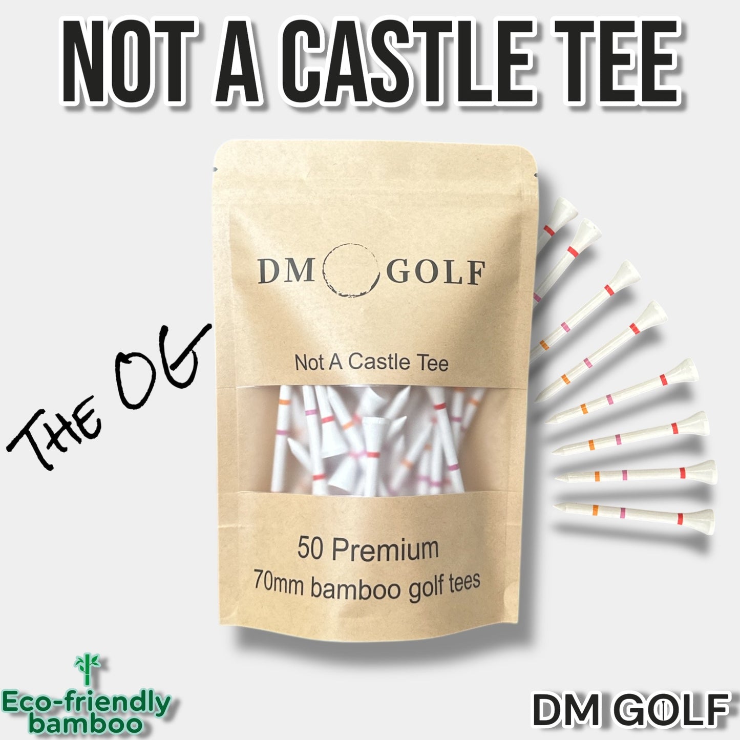 The O G-Not A Castle Tee Premium 70mm Bamboo Golf Tee With Orange, Pink & Red Castle Height Indicators-50 Pack