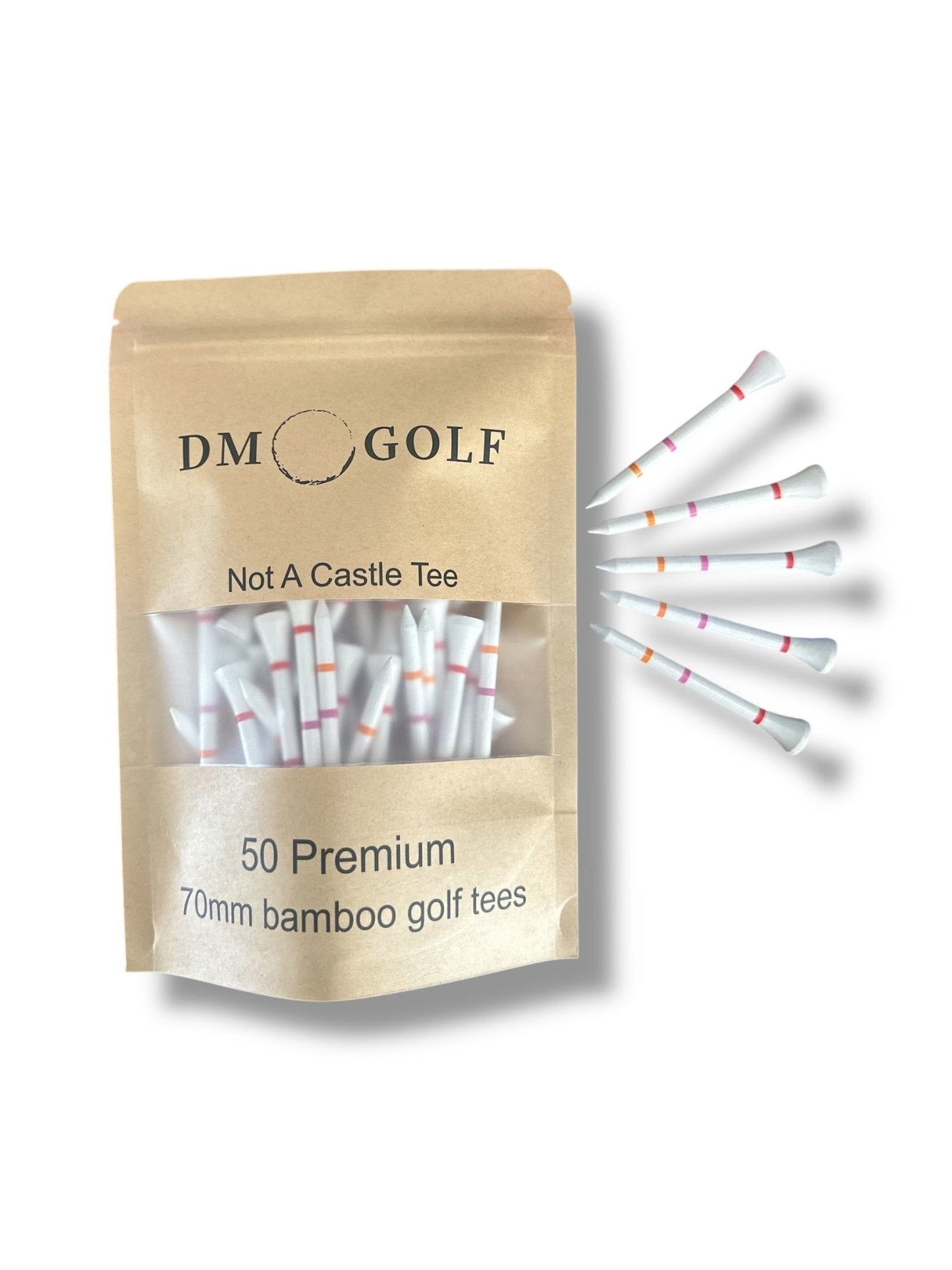 The O G-Not A Castle Tee Premium 70mm Bamboo Golf Tee With Orange, Pink & Red Castle Height Indicators-50 Pack