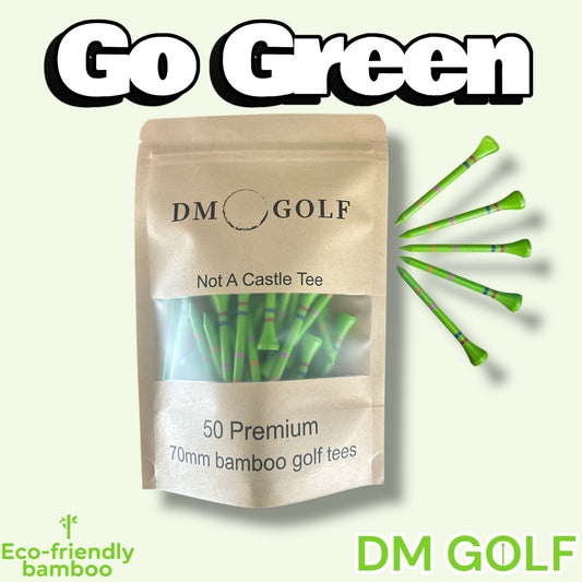 Go Green-Not A Castle Tee- Premium 70mm Bamboo Golf Tee With Orange, Pink, Blue & Red Castle Tee Height Indicators-50 Pack