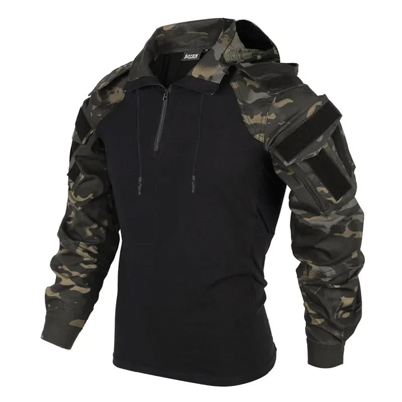 Tactical Combat Shirts Men Long Sleeve Breathable T-shirt Camo Hooded Quick-dry CS Paintball T-Shirt Tops Wear-resisting