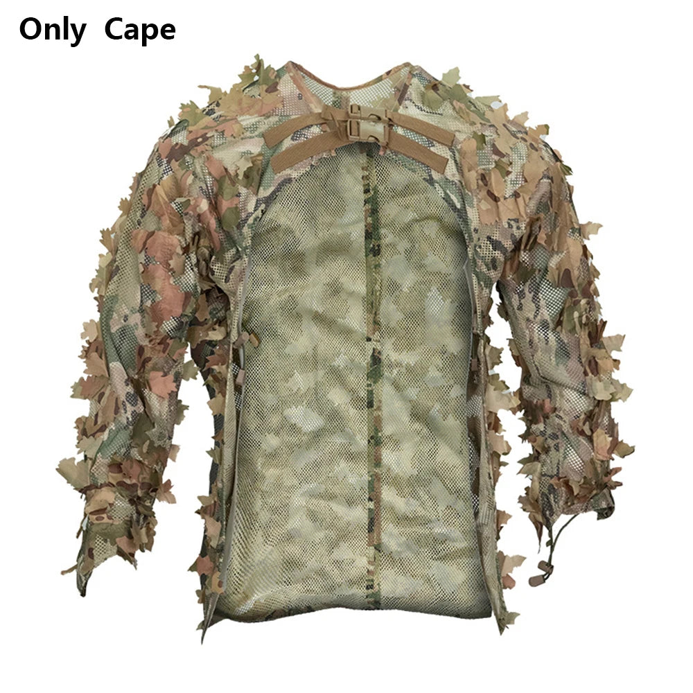 Tactical Ghillie Camo Cape Laser Cut Leaf Sniper Coat Mesh Camouflage Jungle Cloak Poncho Hunting Accessories