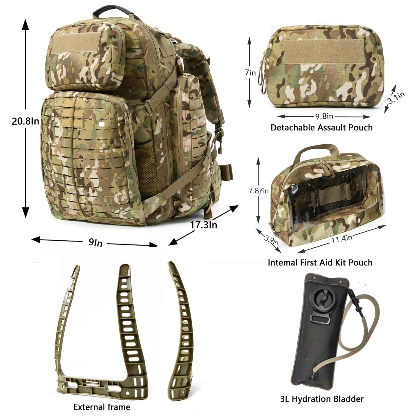 Military 3Day Rucksack with External Frame MOLLE Army Medium Ruck, Assault Backpack