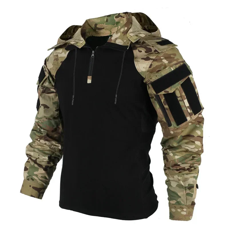 Tactical Combat Shirts Men Long Sleeve Breathable T-shirt Camo Hooded Quick-dry CS Paintball T-Shirt Tops Wear-resisting