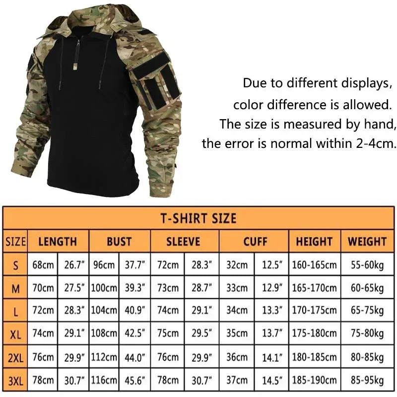 Tactical Combat Shirts Men Long Sleeve Breathable T-shirt Camo Hooded Quick-dry CS Paintball T-Shirt Tops Wear-resisting