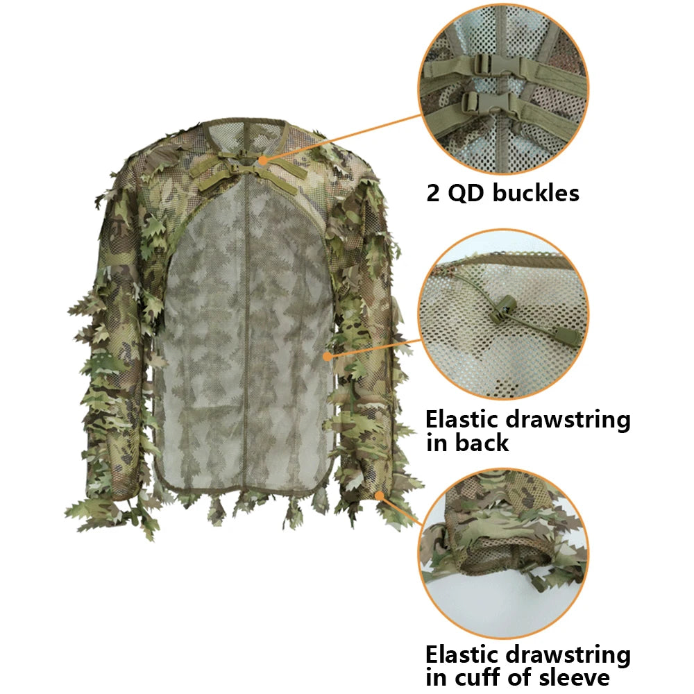 Tactical Ghillie Camo Cape Laser Cut Leaf Sniper Coat Mesh Camouflage Jungle Cloak Poncho Hunting Accessories