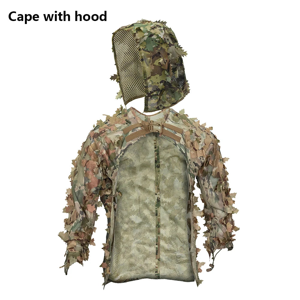 Tactical Ghillie Camo Cape Laser Cut Leaf Sniper Coat Mesh Camouflage Jungle Cloak Poncho Hunting Accessories