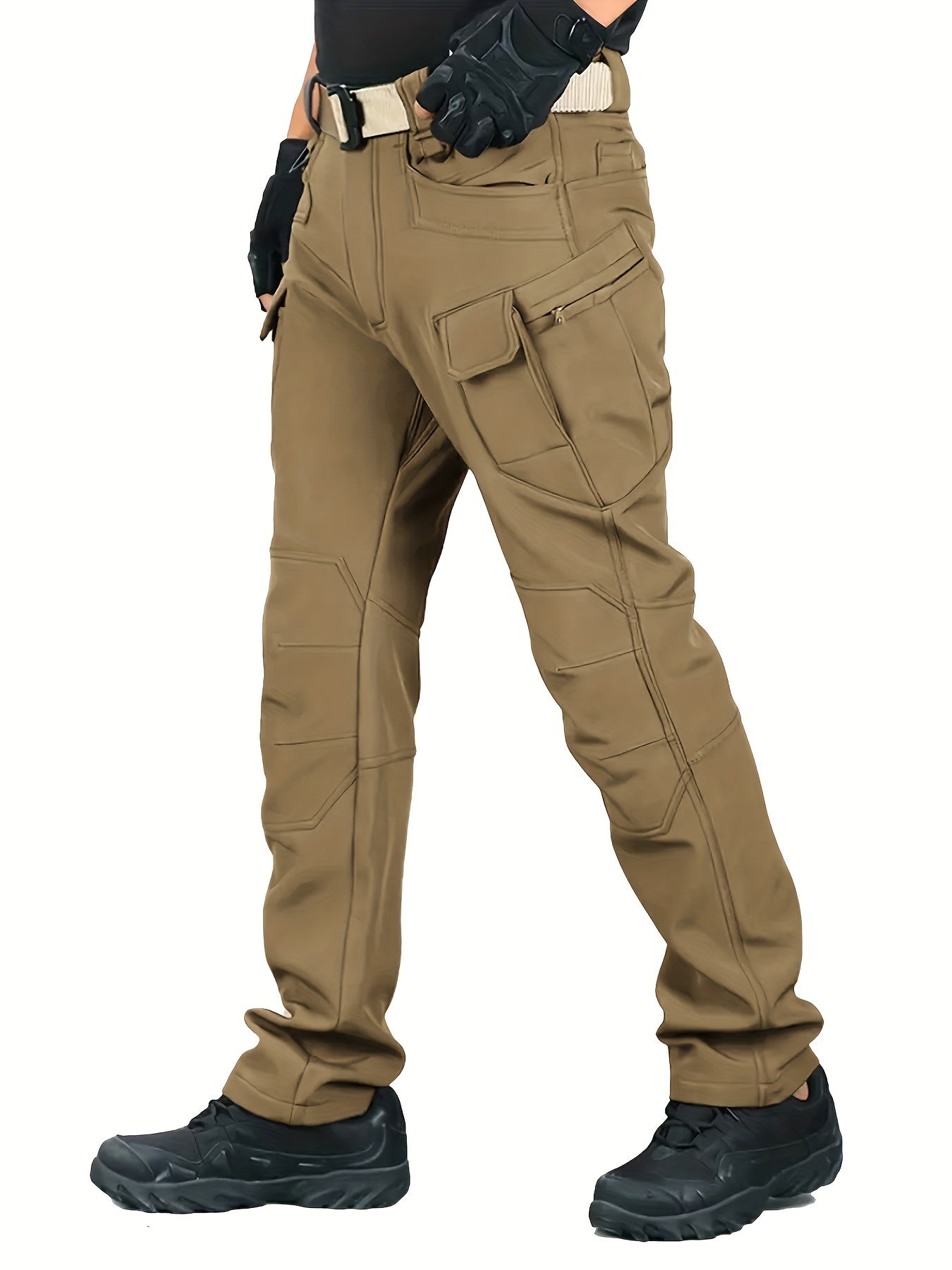 Warm Fleece-Lined Men's Tactical Pants - Polyester-Spandex Blend, Casual Style with Multiple Pockets & Adjustable Waistband for Winter Outdoor Activities