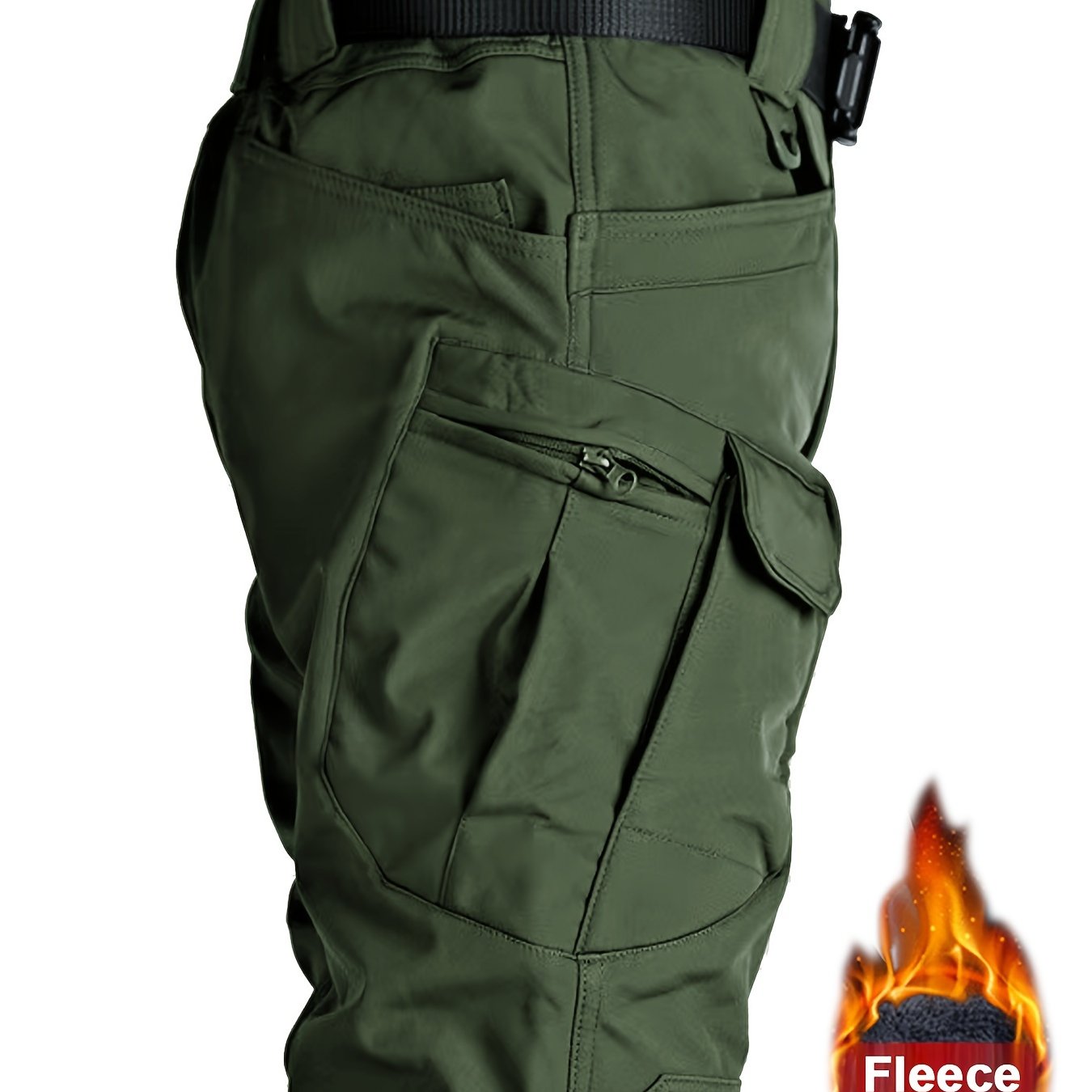 Warm Fleece-Lined Men's Tactical Pants - Polyester-Spandex Blend, Casual Style with Multiple Pockets & Adjustable Waistband for Winter Outdoor Activities