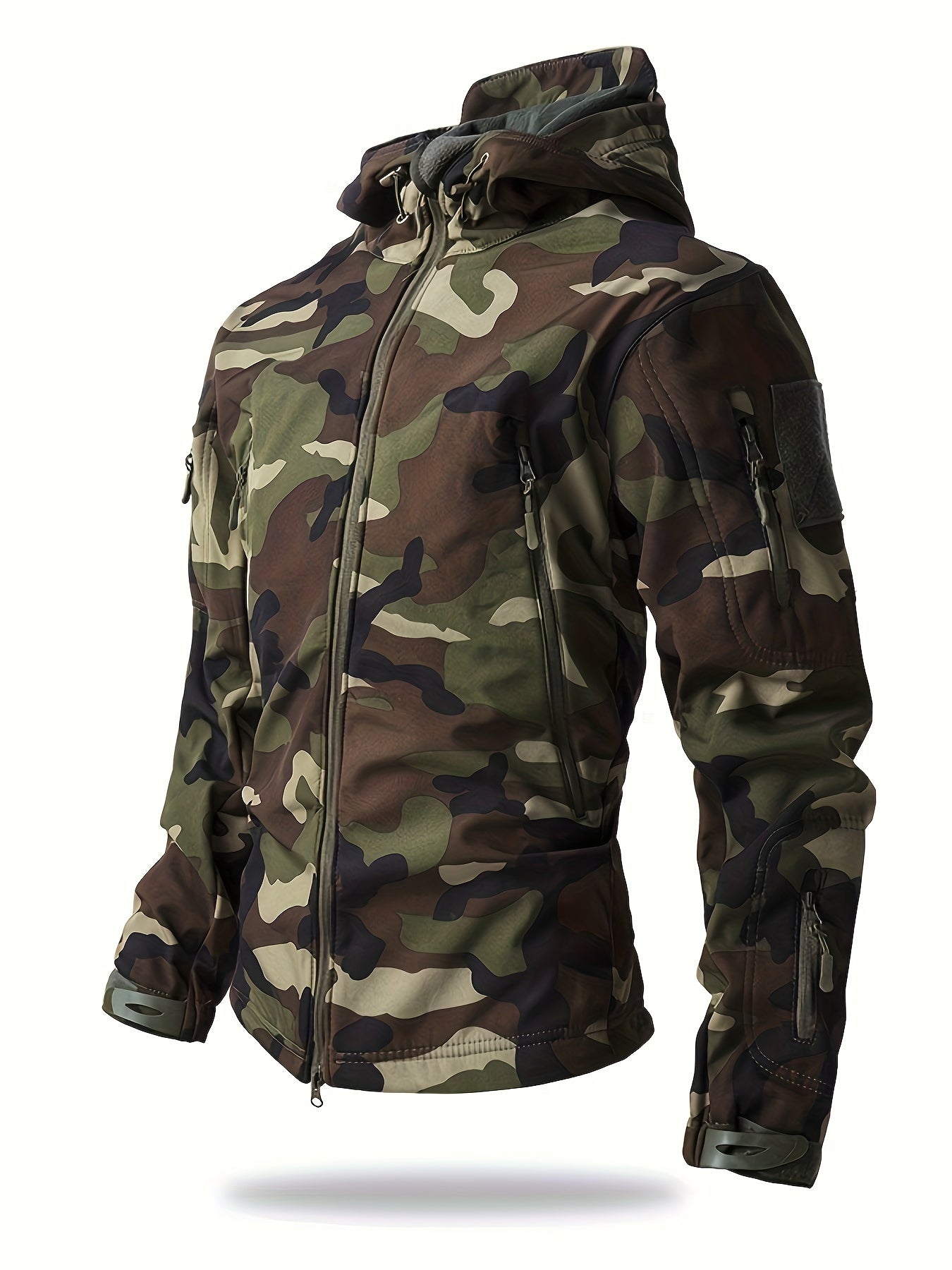 Men's Tactical Soft Shell Jacket Hooded, Outdoor Military Style Jacket, Multi-Zip Pockets, Waterproof Windproof, Suitable For Hiking And Leisure Travel Camping Jacket