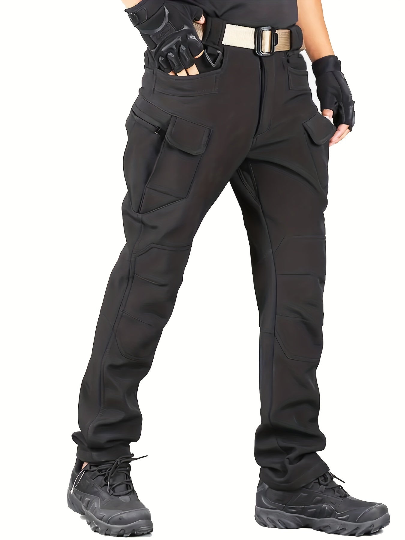 Warm Fleece-Lined Men's Tactical Pants - Polyester-Spandex Blend, Casual Style with Multiple Pockets & Adjustable Waistband for Winter Outdoor Activities