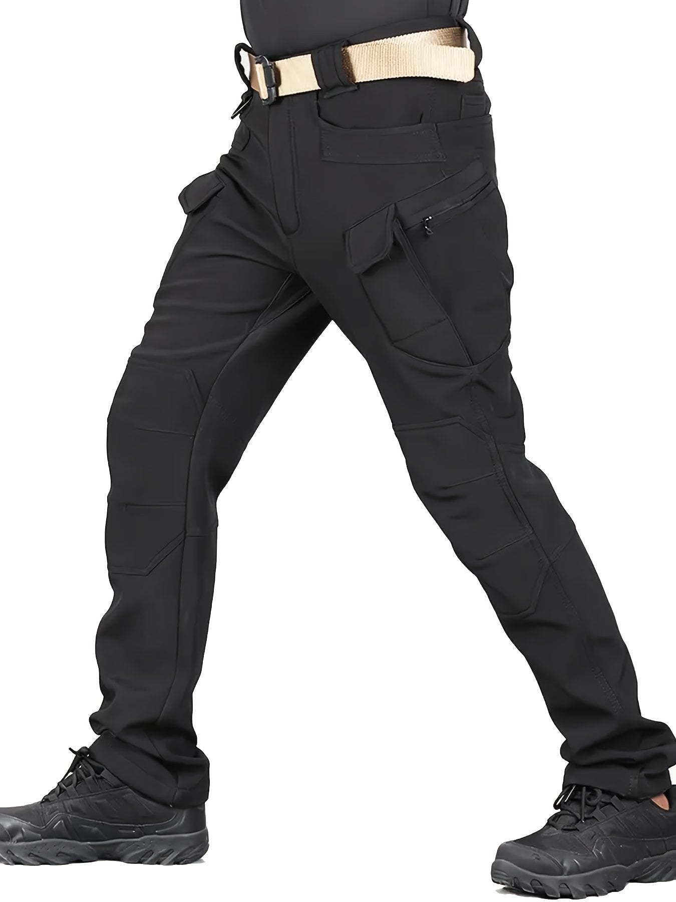 Warm Fleece-Lined Men's Tactical Pants - Polyester-Spandex Blend, Casual Style with Multiple Pockets & Adjustable Waistband for Winter Outdoor Activities