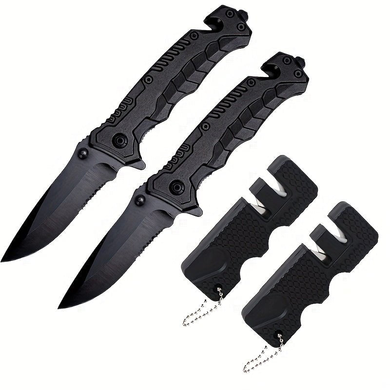 [Cool|EDC] 1/2pcs EDC Pocket Knife with Clip | Men's Pocket Knife And Sharpening Stone, Glass Breaking Knife for Emergency, Cool Pocket Knife with Serrated Edge for Outdoor Survival Tactical Camping Hunting, Gift for Dad, Bla - Tactinest.com