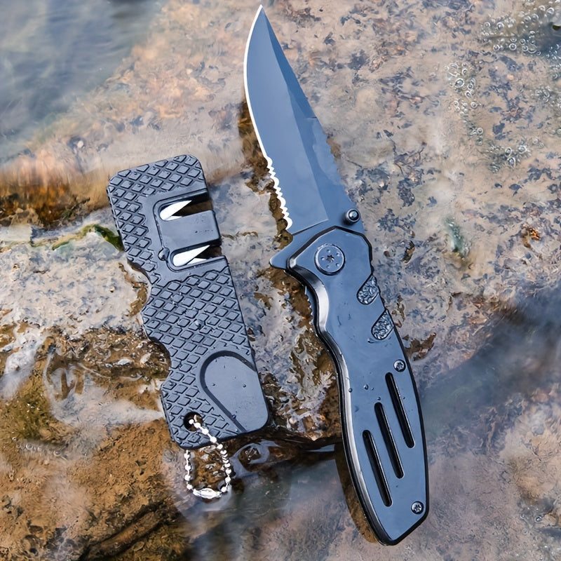 [Cool|EDC] 1/2pcs EDC Pocket Knife with Clip | Men's Pocket Knife And Sharpening Stone, Glass Breaking Knife for Emergency, Cool Pocket Knife with Serrated Edge for Outdoor Survival Tactical Camping Hunting, Gift for Dad, Bla