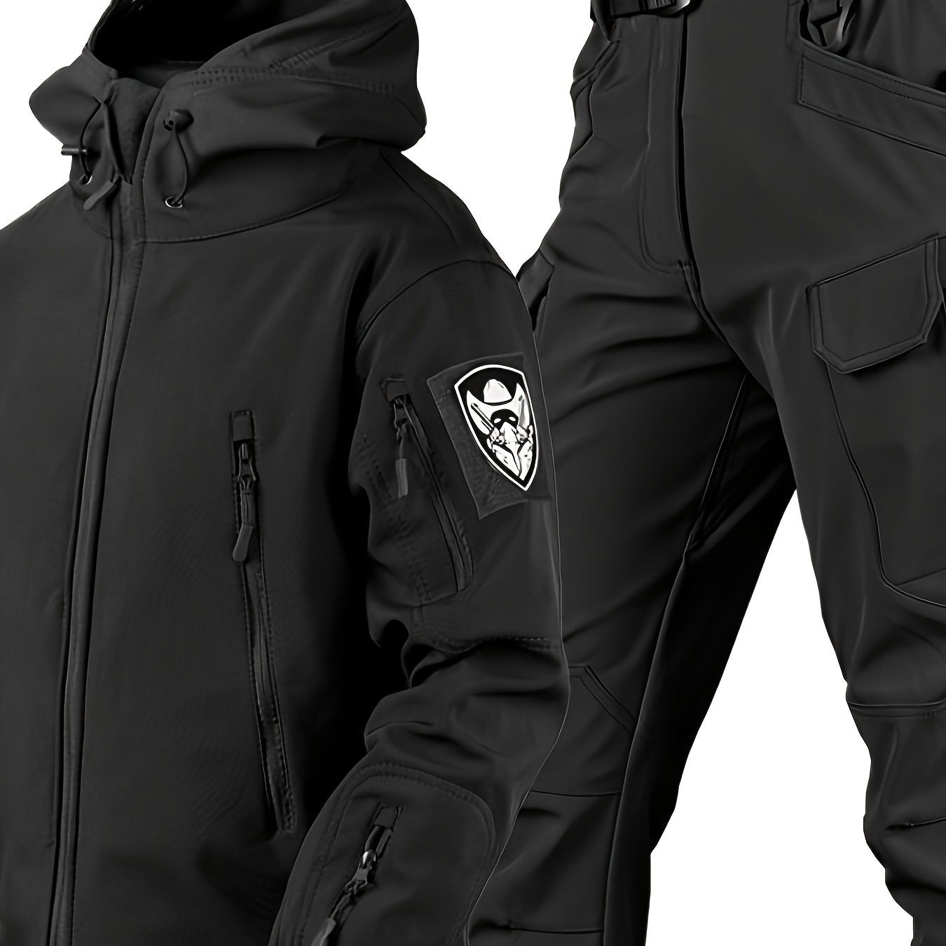 Men's Tactical Fleece Hooded Jacket & Pant Set - Windproof & Warm Winter Gear, Multi-Pocket Outdoor Casual Wear, Non-Stretch Fabric, Solid Color, Machine Washable - Perfect For Autumn And Winter