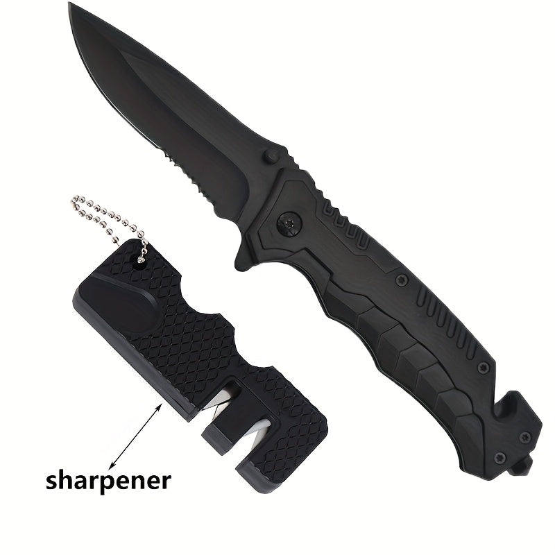 [Cool|EDC] 1/2pcs EDC Pocket Knife with Clip | Men's Pocket Knife And Sharpening Stone, Glass Breaking Knife for Emergency, Cool Pocket Knife with Serrated Edge for Outdoor Survival Tactical Camping Hunting, Gift for Dad, Bla