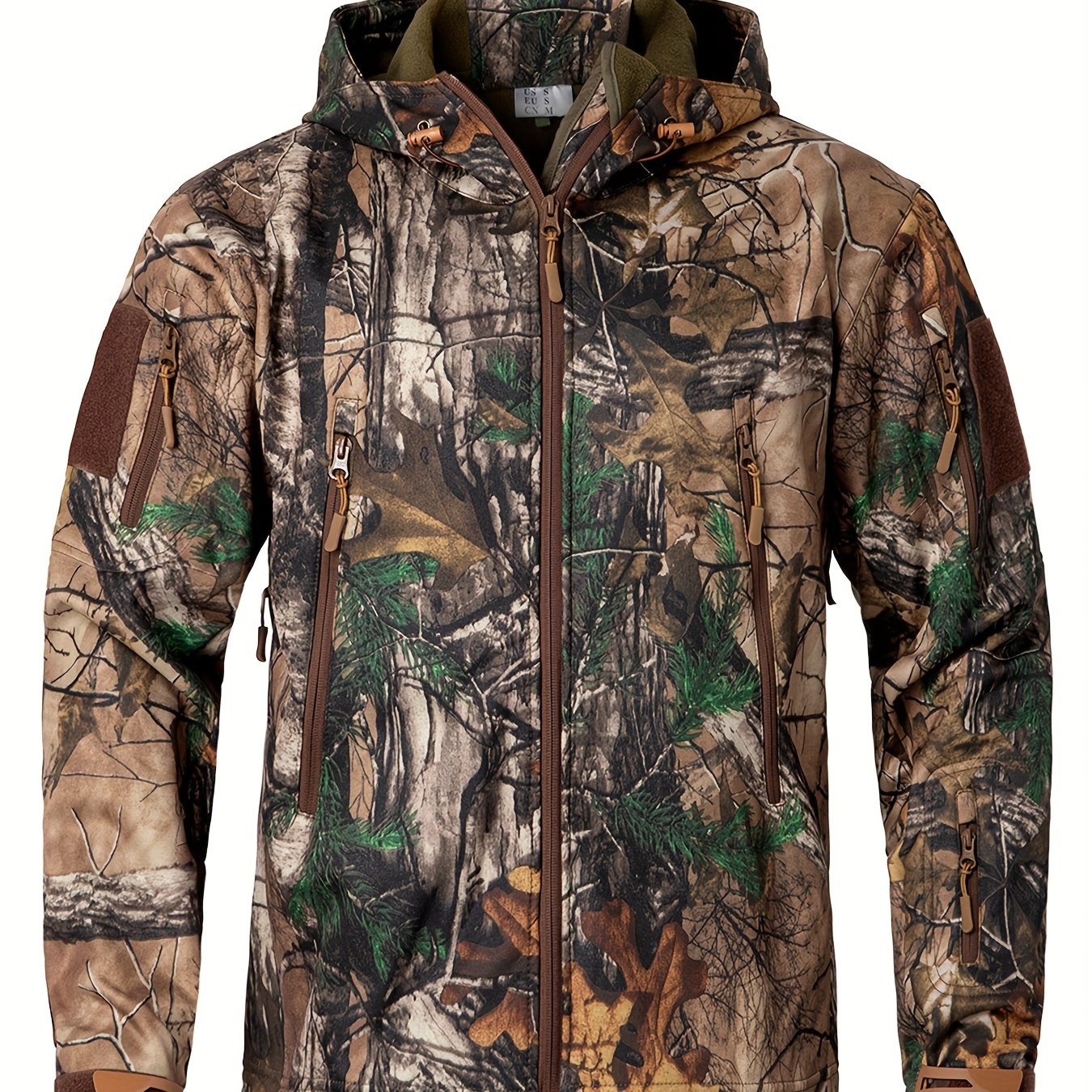 1pc Men'S Tactical Camouflage Hunting Jacket - Water-Resistant, Warm Fleece-Lined, Soft Shell Outdoor Hoodie Coat with Pockets, Zippered, Regular Fit, Polyester & Spandex, Winter Sports Gear