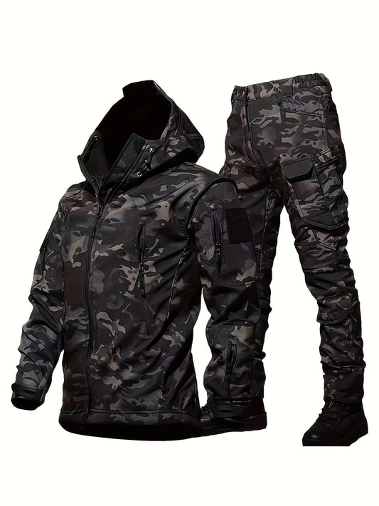 Men's Tactical Camouflage Set, Lightweight Polyester Softshell Jacket with Hood, Warm Fleece Lined Pants, Multi - Pocket Outdoor Gear for Hiking, Camping, Hunting, Running, Training, Casual Wear - Tactinest.com
